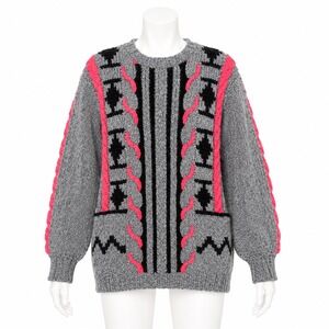 Novo Sweater Womens Medium Gray Pink Vintage 80s Mohair Blend Chunky Geometric